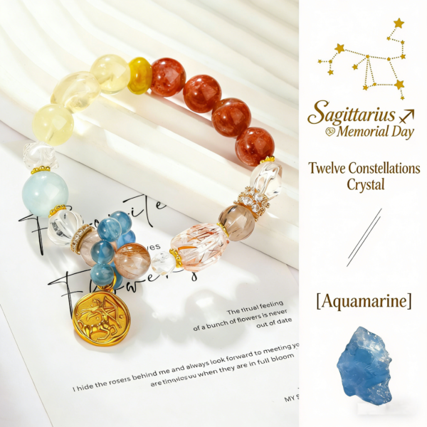 Zodiac Collection - Sagittarius Natural Aquamarine and Golden Sunstone Beaded Crystal Bracelet