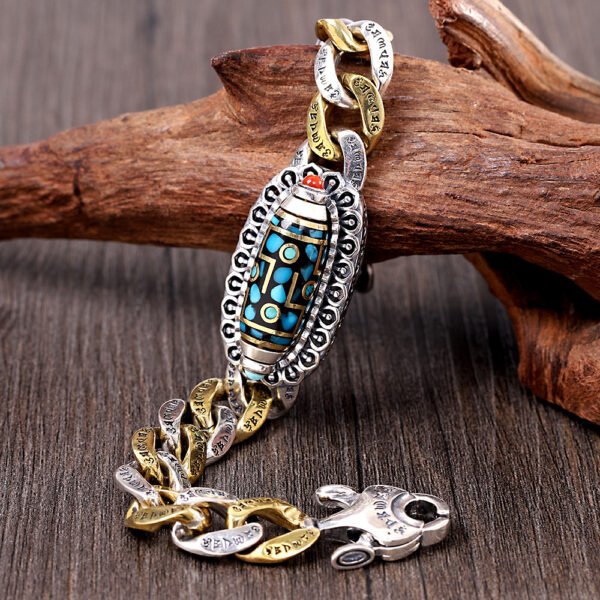 S925 Silver Tibetan Buddhist Six-Word Mantra Dzi Bead Bracelet