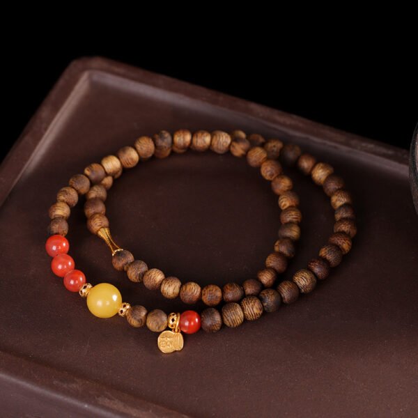 S925 Silver Tibetan Buddhist Gold-Plated Agarwood, Amber & Red Agate Bracelet