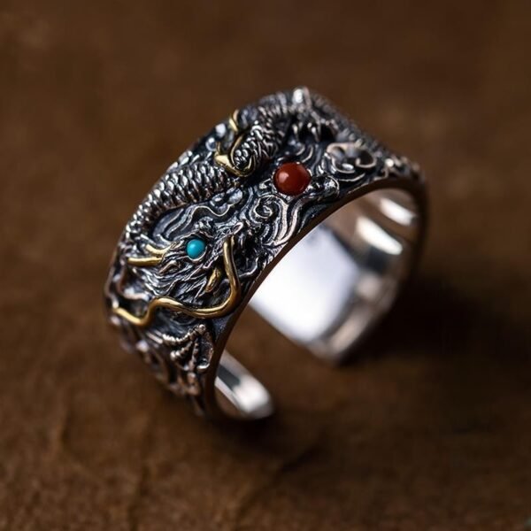 Handcrafted Tibetan Buddhist S925 Silver Dragon & Pearl Gemstone Ring