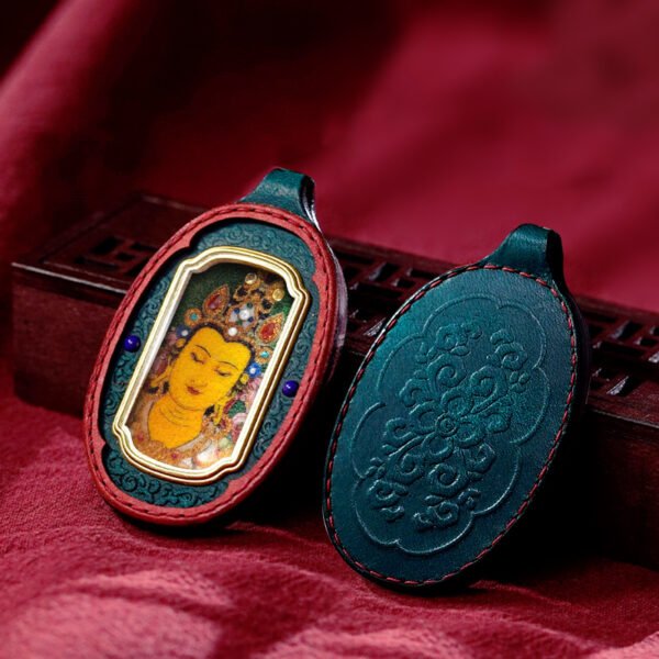 Hand-painted Tibetan Buddhist Eight Guardian Deities Thangka Leather-cased Pendant