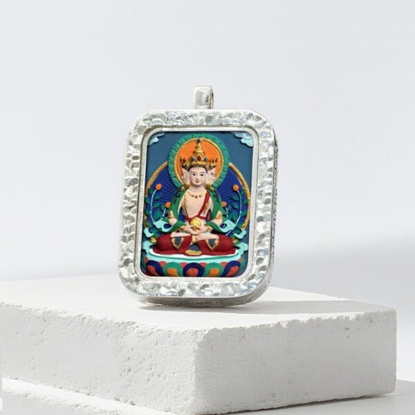 Authentic Tibetan Buddhist Hand-Painted Silver-Plated Tsa Tsa Thangka Pendant