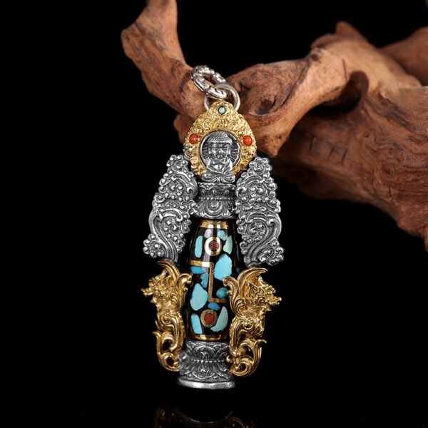 Handcrafted S925 Silver Tibetan Buddhist Amitabha Pendant Inlaid with Turquoise