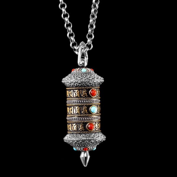 Handcrafted Tibetan Buddhist Premium Six-Syllable Mantra Prayer Wheel Pendant with Southern Red Agate