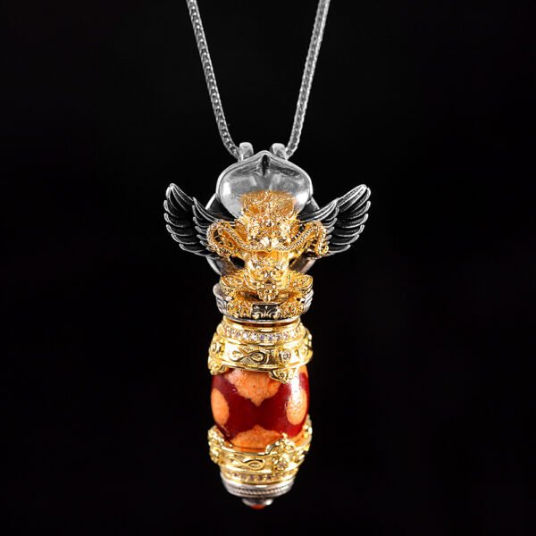 S925 Silver Gold-Plated Tibetan Buddhist Agate Dzi Bead Garuda Pendant