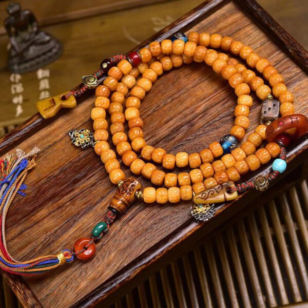 Tibetan Vintage Carved Yak Bone Barrel Bead Mala - 108 Prayer Beads