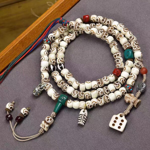 Tibetan Buddhist Premium Vintage Citipati Carved Bone & Agate Mala - 108 Prayer Beads