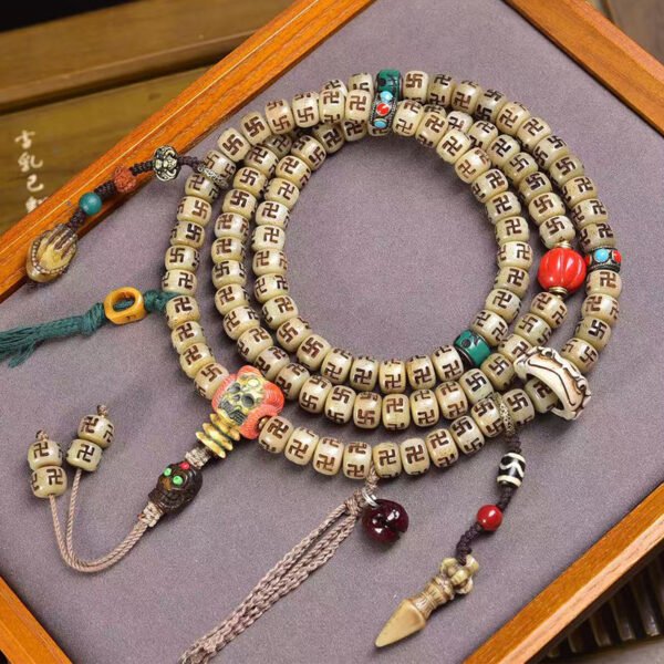 Tibetan Buddhist Premium Vintage Carved Yak Bone & Agate Mala - 108 Prayer Beads