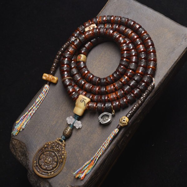 Tibetan Buddhist Premium Vintage Carved Yak Bone Nine Palaces Bagua Mala - 108 Prayer Beads