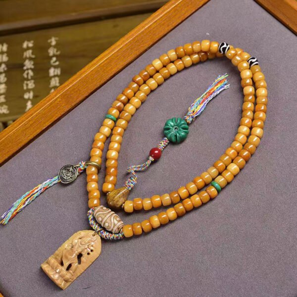 Tibetan Buddhist Premium Vintage Carved Yak Bone, Agate & Dzi Bead Mala - 108 Prayer Beads