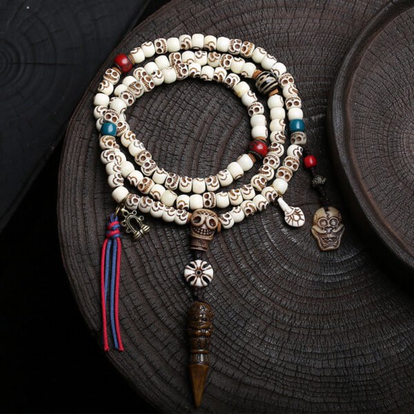 Tibetan Buddhist Premium Vintage Carved Yak Bone, Agate & Dzi Bead Mala - 108 Prayer Beads