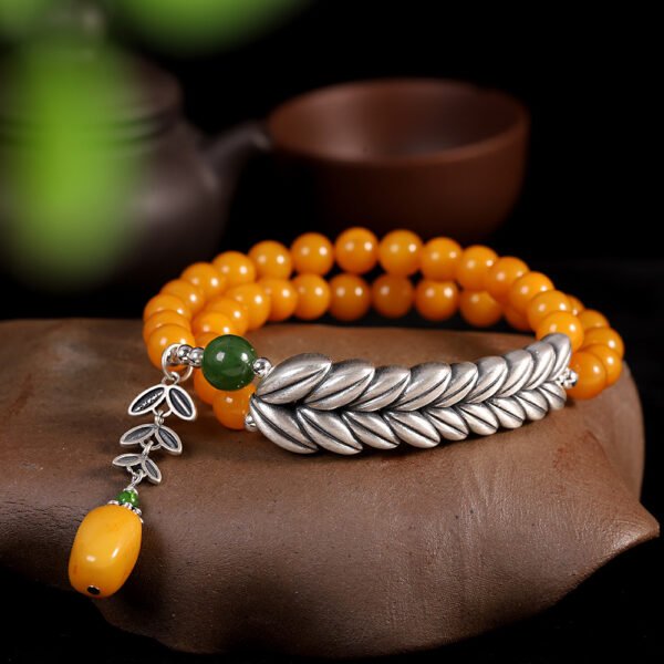 ibetan Buddhism Premium 999 Fine Silver, Amber & Wheat Ear Beaded Bracelet