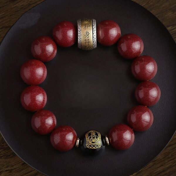 Tibetan Buddhism Premium Fine Silver Raw Purple Gold Cinnabar Guardian Buddha Bracelet - Unisex, 14mm Bead Diameter