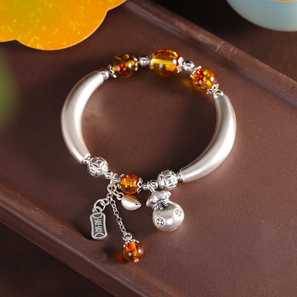 Tibetan Buddhism Premium 999 Fine Silver Amber Bracelet for Women