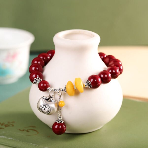 S925 Silver Bracelet with Natural Cinnabar, Amber & Hundred Blessings Ruyi Lock Charms