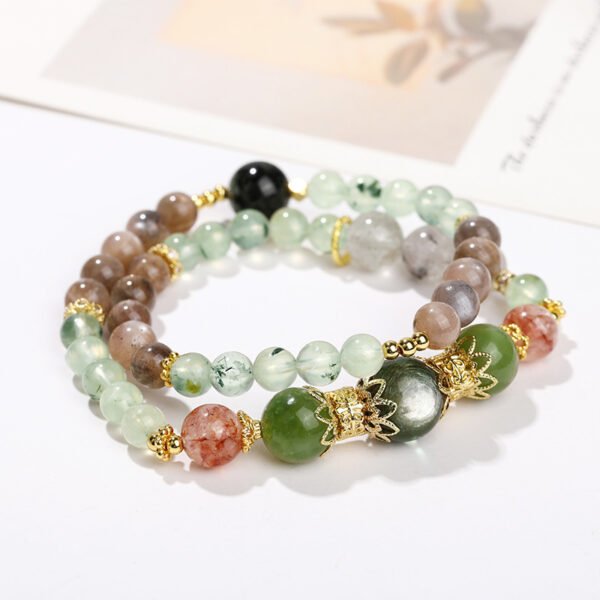 Natural Golden Hematoid Quartz, Serpentine & Prehnite Beaded Bracelet for Fortune & Luck