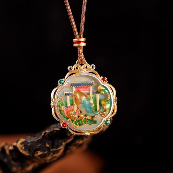 999 Fine Silver Tibetan Buddhist Stylish Enamel Gilded Carp Leaping Dragon Gate Pendant