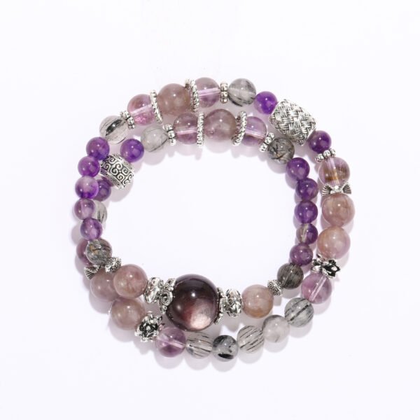 Natural Black Rutilated Quartz, Purple Azeztulite, Purple Aurora Quartz & Purple Lepidolite Beaded Bracelet