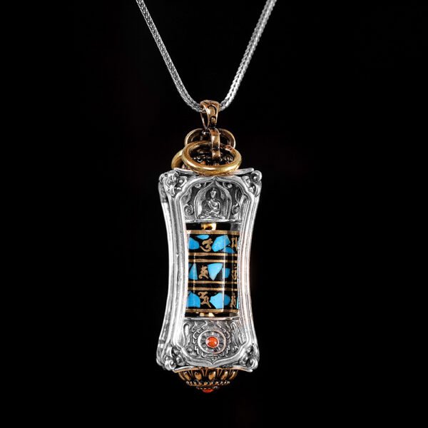 Handcrafted S925 Silver Tibetan Buddhist Premium Six-Syllable Mantra Prayer Wheel Pendant with Turquoise