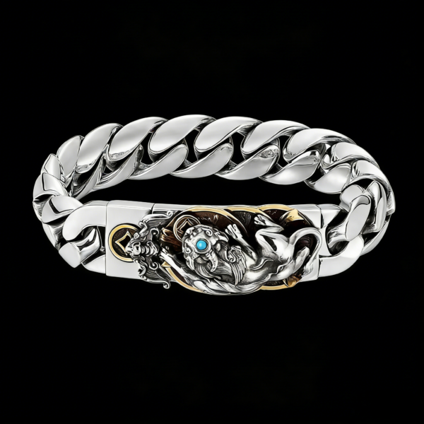 Handcrafted Tibetan Buddhist Pure Silver Pixiu Turquoise Wealth Bracelet for Men