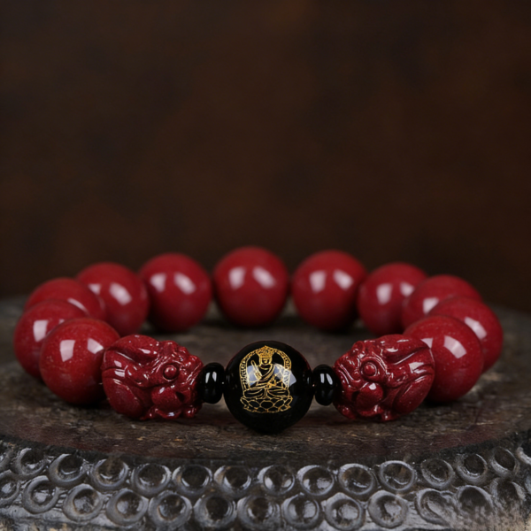 Tibetan Buddhism Premium Natural Cinnabar Guardian Buddha & Pixiu Beaded Bracelet