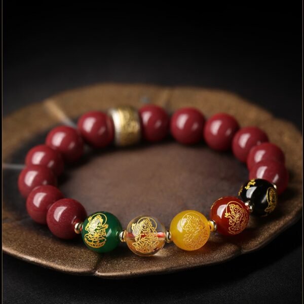 Tibetan Buddhism Premium Raw Purple Gold Cinnabar Five Directions God of Wealth Agate Bracelet - Unisex