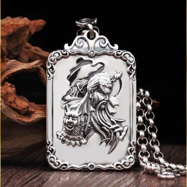 Tibetan Buddhism Pure Silver Guan Gong Warrior God of Wealth Pendant Necklace