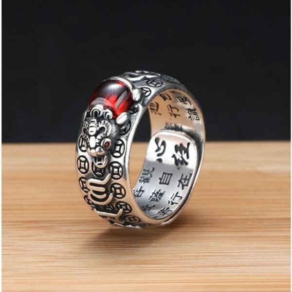 Tibetan Buddhism S925 Silver Pixiu Ring with Om Mani Padme Hum & Red Garnet