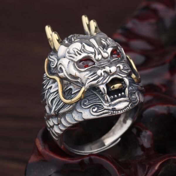 Handcrafted Tibetan Buddhist S925 Silver Dragon Head Red Garnet Ring