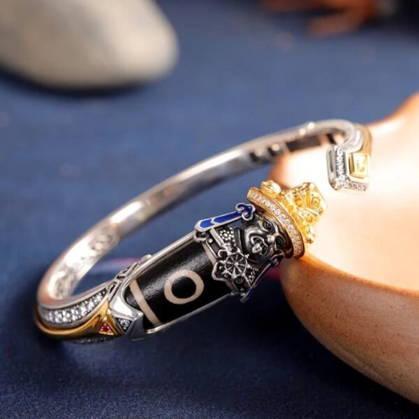 Handcrafted S925 Silver Open Cuff Bracelet with Tibetan Buddhist Dzambhala & Dzi Bead