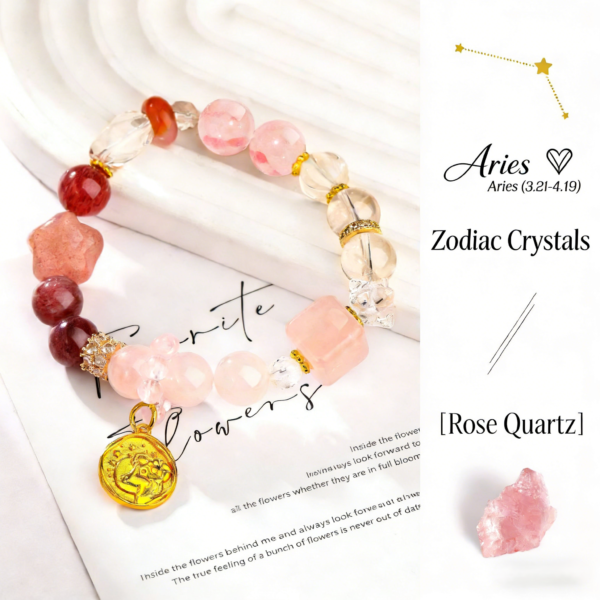 Zodiac Collection - Aries Natural Pink Azeztulite, Red Hematoid Quartz & Horse Pink Crystal Beaded Bracelet