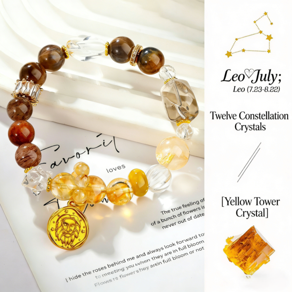 Zodiac Collection - Leo Natural Black Gold Super Seven, Golden Hematoid Quartz & Citrine Tower Crystal Beaded Bracelet