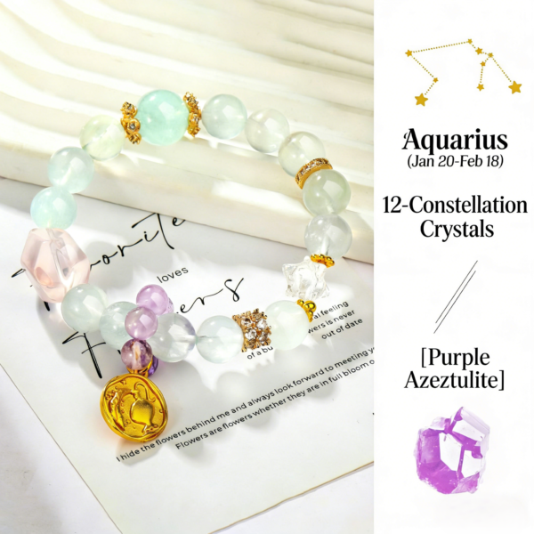 Zodiac Collection - Aquarius Natural Aquamarine, White & Blue Rabbit Hair Quartz & Purple Azeztulite Beaded Bracelet