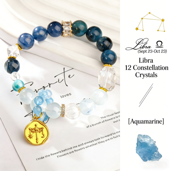 Zodiac Collection - Libra Natural Aquamarine & White-Blue Rabbit Hair Quartz Beaded Bracelet